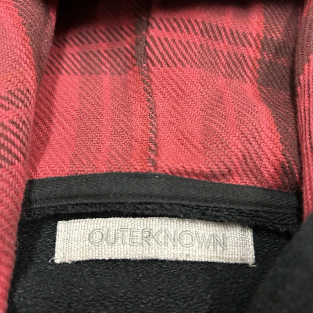 Outerknown Hoodie Mens Large Black Red Plaid Hooded Sweatshirt Hemp Cotton Blend